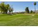 Scenic view of the pristine golf course featuring lush green grass, mature trees, and well-maintained sand traps at 4843 E Ajo Cir, Phoenix, AZ 85044