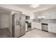 Modern kitchen with stainless steel appliances, white cabinets, and stylish backsplash at 11047 N Coggins Dr, Sun City, AZ 85351