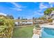 Landscaped backyard featuring artificial grass, pool, and golf course views at 2158 W Peninsula Cir, Chandler, AZ 85248