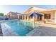 Relaxing backyard pool with a sun umbrella providing shade and a tranquil view at 445 W Gary Ave, Gilbert, AZ 85233