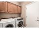 Laundry room showcasing wood cabinets, a Bosch washer, and an Electrolux dryer at 227 W Lantern Way, San Tan Valley, AZ 85143