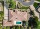 Aerial view showcasing a stunning home with a pool, surrounded by lush landscaping and mature trees at 4222 E Brown Rd # 18, Mesa, AZ 85205