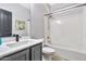 Modern bathroom featuring a gray vanity, stylish faucet, and a shower-tub combination at 5110 S Sandstone St, Gilbert, AZ 85298