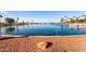 Scenic view of the community lake featuring a walking path with a chain railing, red rock and lush vegetation at 10846 W Crosby Dr, Sun City, AZ 85351