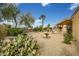 Lush backyard oasis featuring desert landscaping, palm trees, and a covered patio with outdoor seating at 16051 W Desert Winds Dr, Surprise, AZ 85374