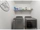 Efficient laundry area with modern washer and dryer, and ample shelving at 25268 N 142Nd Dr, Surprise, AZ 85387