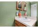 Bathroom with wood vanity, light countertop and mirrored cabinet against green textured walls at 2848 E Brown Rd # 30, Mesa, AZ 85213