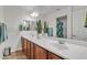 Bright, white bathroom with double sinks, wood cabinets, and green potted plants at 29740 W Fairmount Ave, Buckeye, AZ 85396