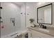Modern bathroom with frameless glass shower, white subway tile, and sleek vanity at 16832 E Hazeltine Way, Queen Creek, AZ 85142