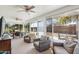 Enclosed sun room with ample seating and large windows overlooking the backyard at 18614 N Conestoga Dr, Sun City, AZ 85373