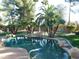 Sparkling pool with rock features surrounded by palm trees and green landscaping at 265 E Liberty Ln, Gilbert, AZ 85296