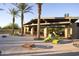 Community pool featuring lounge chairs, palm trees, BBQ, and a shaded structure at 2843 E Los Gatos Dr, Phoenix, AZ 85050