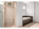 Bathroom featuring a soaking tub and a tiled walk-in shower with bench at 1407 E Artemis Trl, San Tan Valley, AZ 85140