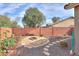 Backyard features a fire pit area with decorative gravel, desert landscaping, a privacy fence, and mature trees at 2126 E Sherri Ct, Gilbert, AZ 85296