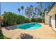 Backyard pool surrounded by mature landscaping, and a concrete deck at 2801 E Sylvia St, Phoenix, AZ 85032