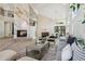 Open-concept living room with soaring ceilings, a modern fireplace, hardwood floors, and stylish furnishings at 9159 N 108Th Pl, Scottsdale, AZ 85259