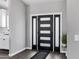 Modern front door with sidelights, black hardware, and plant decoration in foyer at 2438 N 113Th St, Mesa, AZ 85207