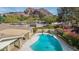 Inviting backyard pool features a dolphin mosaic and lush landscaping, set against a backdrop of scenic mountain views at 4349 E Stanford Dr, Phoenix, AZ 85018