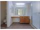 Bathroom featuring a vanity with a wood cabinet, large mirror, bright lights and a stand-up shower at 4843 W Del Rio St, Chandler, AZ 85226