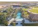 Aerial view of the community pool area, lush palm trees, and lounge chairs surrounded by green spaces at 815 E Laddoos Ave, San Tan Valley, AZ 85140