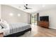 Bedroom featuring neutral color palette, ceiling fan, sliding glass door with backyard views, and sleek wood-look flooring at 217 W Montecito Ave, Phoenix, AZ 85013