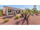 Wide backyard featuring a covered patio, outdoor dining, desert landscaping, and views of palm trees at 23034 N Pedregosa Dr, Sun City West, AZ 85375