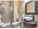 Well-lit bathroom features a walk-in shower with glass door, decorative mirror, and vessel sink at 2571 E Balsam Ct, Chandler, AZ 85286