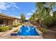 Backyard pool area with lounge chairs, tropical landscaping, and manicured lawn at 3881 E Birchwood Pl, Chandler, AZ 85249