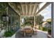 Covered outdoor dining patio with wood table and bench seating, and views of the backyard and playhouse at 4716 N Dromedary Rd, Phoenix, AZ 85018