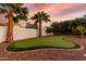 Backyard putting green with manicured turf, surrounded by mature palm trees at 5761 E Tierra Buena Ln, Scottsdale, AZ 85254