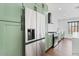 Charming kitchen featuring sage cabinetry, stainless appliances, and a lovely white subway tile backsplash at 739 E Glade Ave, Mesa, AZ 85204