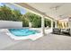 Covered patio with white stone pillars, ceiling fans, outdoor seating, and a view of the pool and greenery at 9430 N 25Th St, Phoenix, AZ 85028