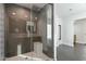 Modern bathroom with a large glass-enclosed shower, gray tile, and a view of the vanity at 11942 N 95Th St, Scottsdale, AZ 85260