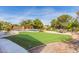 Landscaped backyard with a pool, putting green, patio furniture, and mature palm trees for outdoor relaxation at 450 E Alamosa Dr, Chandler, AZ 85249