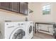 Functional laundry room featuring a washer, dryer, dark cabinets, and a table at 4684 N 206Th Ave, Buckeye, AZ 85396