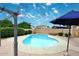 Private backyard oasis with sparkling pool, umbrella, and beautifully landscaped surroundings at 5624 E Garnet Ave, Mesa, AZ 85206