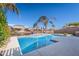 Backyard pool and patio, with a view of the lake and mature palm trees at 856 E Indian Wells Pl, Chandler, AZ 85249