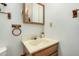 Neutral bathroom featuring a mirror cabinet, vanity, and towel racks at 9283 W Rafael Dr, Arizona City, AZ 85123