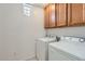 A well-lit laundry room featuring white washer and dryer units, upper cabinets and a window for ventilation at 1750 E Ocotillo Rd # 11, Phoenix, AZ 85016