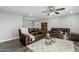 Spacious living room with leather sofas, ceiling fan, and area rug. The wall color is a light gray at 12703 W Shadow Hills Dr, Sun City West, AZ 85375