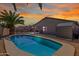 Backyard view features a sparkling pool with stone border, adjacent shed, and a lush palm tree, perfect for outdoor enjoyment at 16035 N 159Th Dr, Surprise, AZ 85374