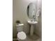 Bathroom featuring a pedestal sink, oval mirror, and a decorative plant near the toilet at 17622 W Missouri Ave, Litchfield Park, AZ 85340