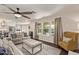 Bright living room featuring a ceiling fan, wood floors, and backyard views at 28422 N 32Nd Ln, Phoenix, AZ 85083