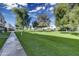 Spacious green common area surrounded by trees and residential buildings under a blue sky at 6845 E Osborn Rd # D, Scottsdale, AZ 85251