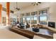 Bright living room featuring a fireplace, scenic windows, and comfortable leather seating at 13502 E Jomax Rd, Scottsdale, AZ 85262