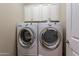 Bright laundry room with white cabinets above new front load washer and dryer at 336 N Monterey Ct, Casa Grande, AZ 85194