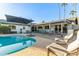 Backyard with beautiful pool, shaded patio seating, and lush landscaping under a blue sky at 3531 E Becker Ln, Phoenix, AZ 85028