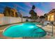 Inviting pool and landscaped backyard with artificial turf and colorful sunset skies, perfect for outdoor enjoyment at 10722 E Keats Ave, Mesa, AZ 85209