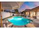 Inviting backyard pool with lush landscaping, covered patio, and beautiful sunset views at 10722 E Keats Ave, Mesa, AZ 85209