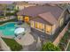 A view of a beautiful backyard featuring a private pool, patio, outdoor seating, and lush landscaping, perfect for entertaining at 10722 E Keats Ave, Mesa, AZ 85209